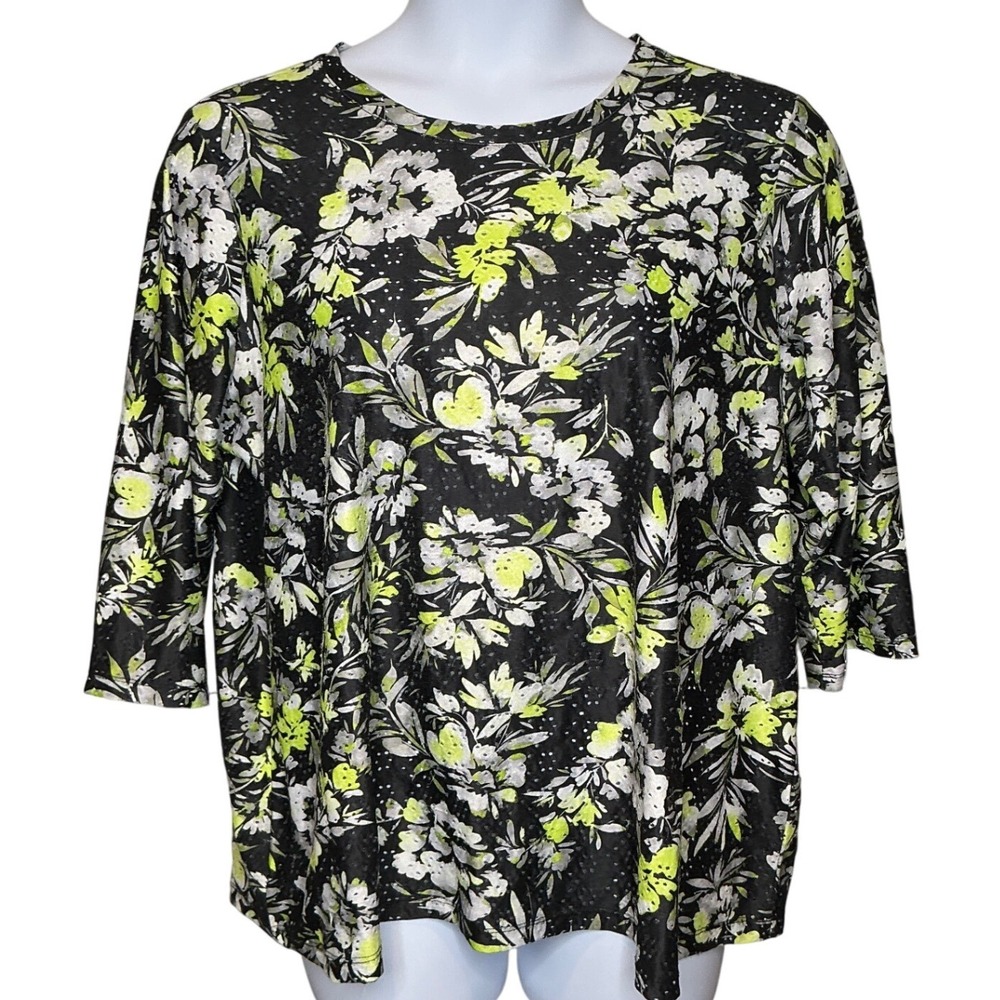 LOGO Lori Goldstein Layers Womens Black Floral Print Top Sz 1X Maximalist Boho